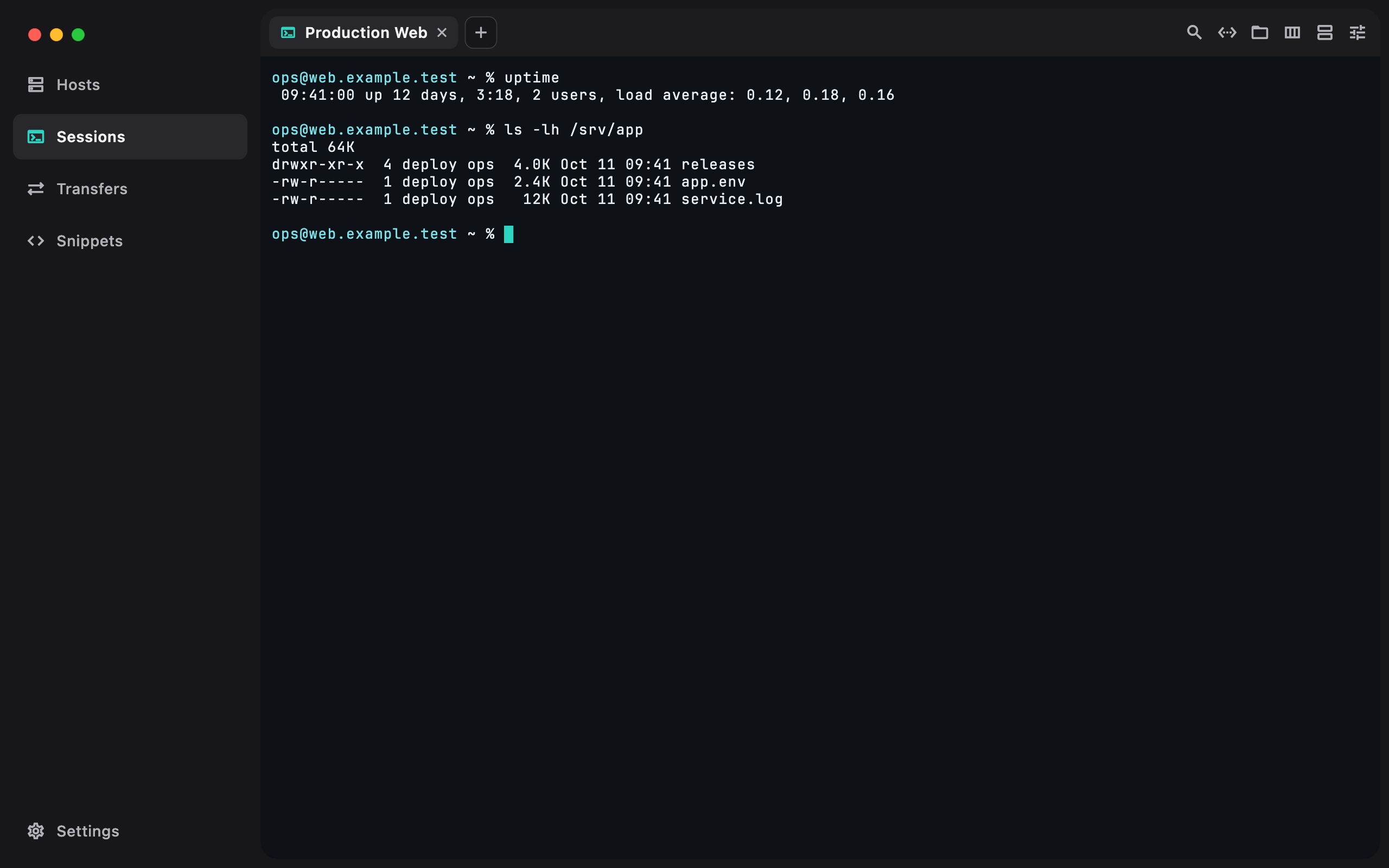 Serlink macOS SSH terminal with example command output.